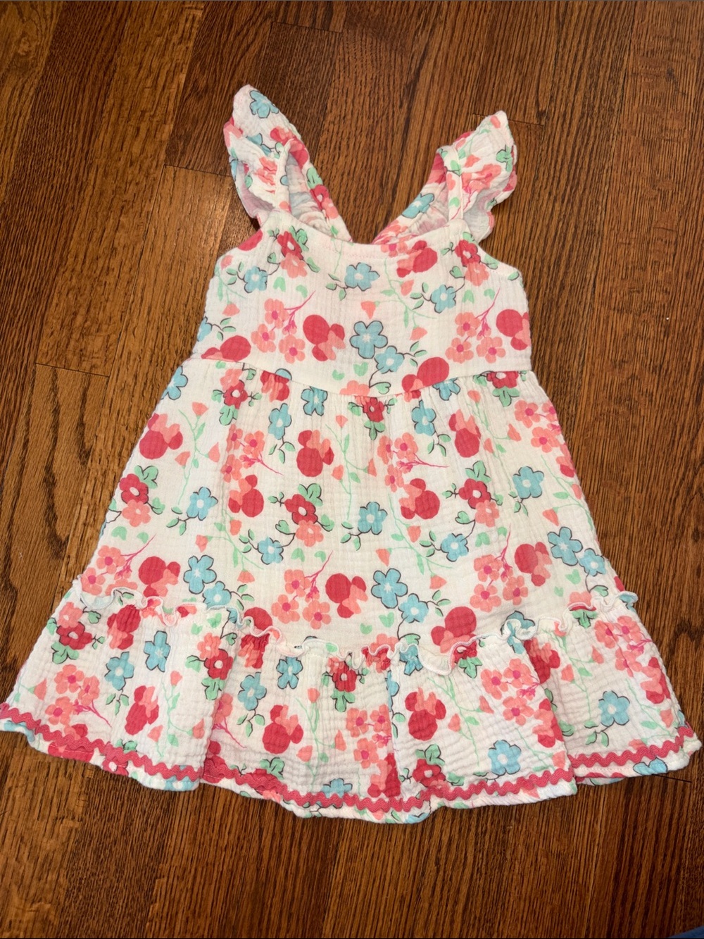 Girls Minnie White Floral Sundress with Pink & Blue Flowers and Minnie Print 3T